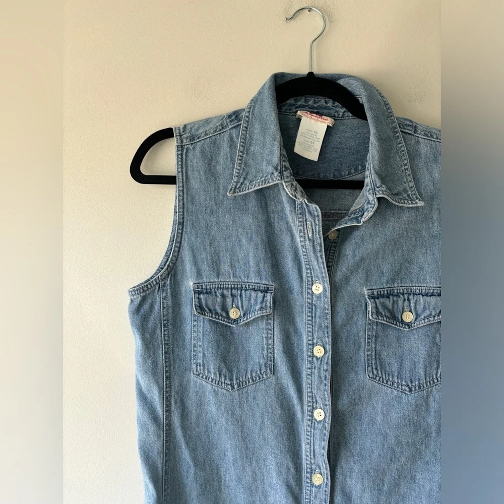 Vintage Faded Glory Blue Chambray Denim Sleeveless Button Mini Dress‎ Size 10